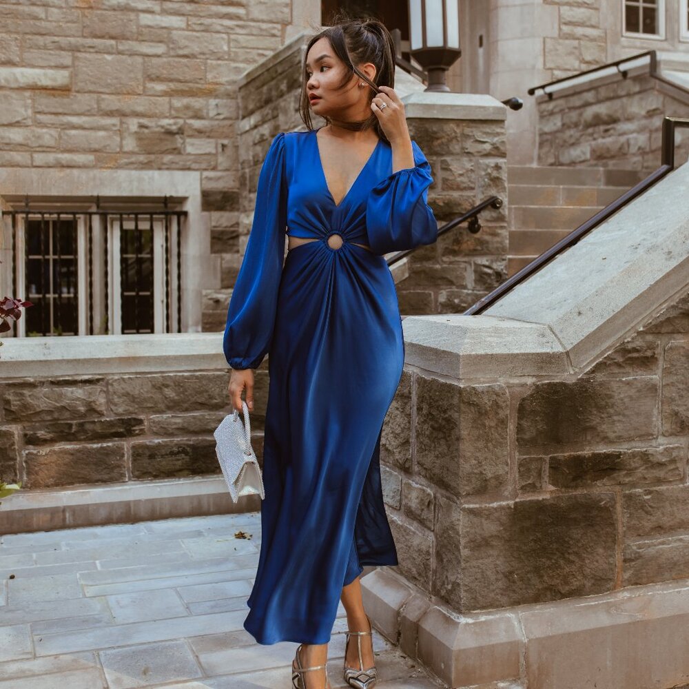 Ever New Royal Blue Satin Maxi Dress with Center Ring Detail